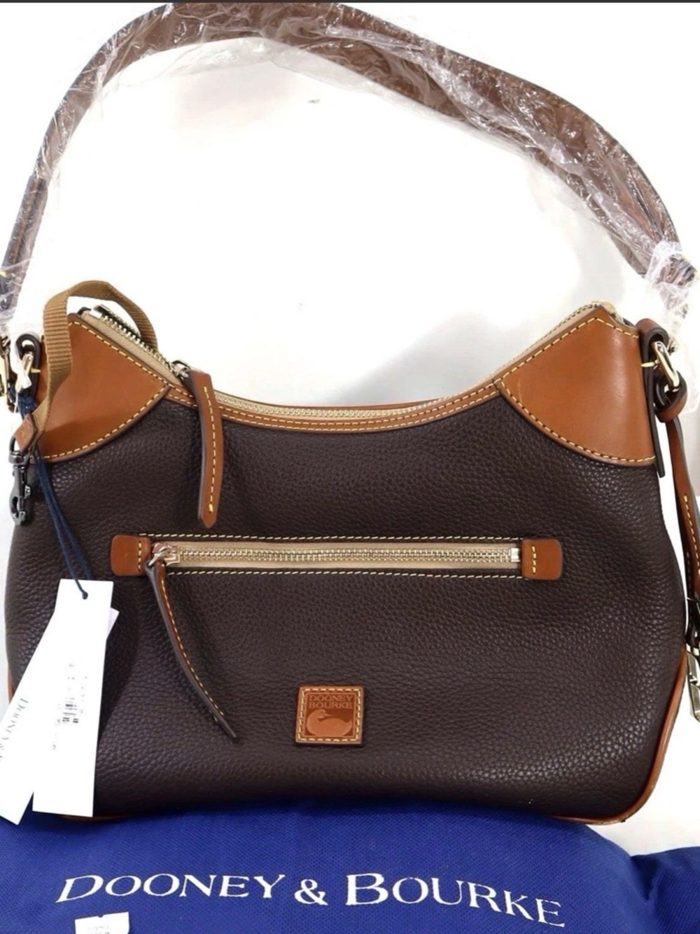 Dooney & Bourke Dark Brown Pebble Leather Shoulder Bag with Tan Trim